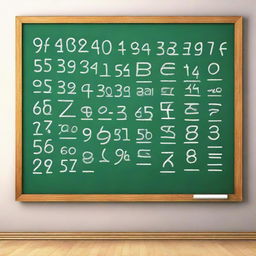 This is a high-quality 3D digital rendering of a large school chalkboard adorned with handwritten letters and numbers