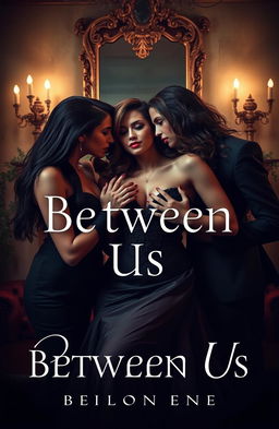 A darkly romantic scene featuring a twisted love triangle between two seductive twins and a captivating woman