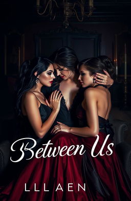 A darkly romantic scene featuring a twisted love triangle between two seductive twins and a captivating woman