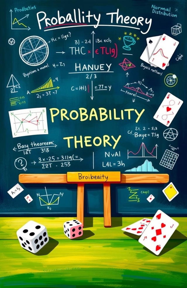 An intricate and visually stimulating representation of probability theory concepts, showcasing a vibrant, colorful diagram of probability distributions, Bayesian networks, and statistical models