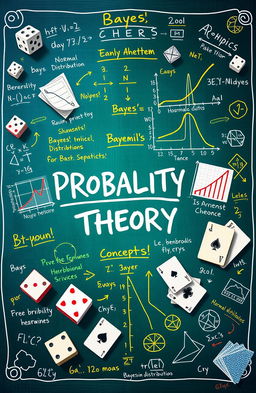 An intricate and visually stimulating representation of probability theory concepts, showcasing a vibrant, colorful diagram of probability distributions, Bayesian networks, and statistical models