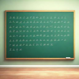 This is a high-quality 3D digital rendering of a large school chalkboard adorned with handwritten letters and numbers