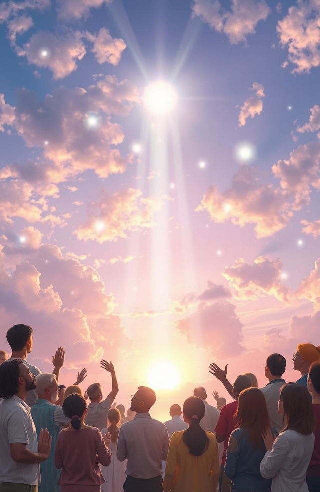 A serene and ethereal scene depicting deeds and prayers ascending to the heavens