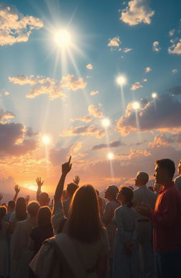 A serene and ethereal scene depicting deeds and prayers ascending to the heavens