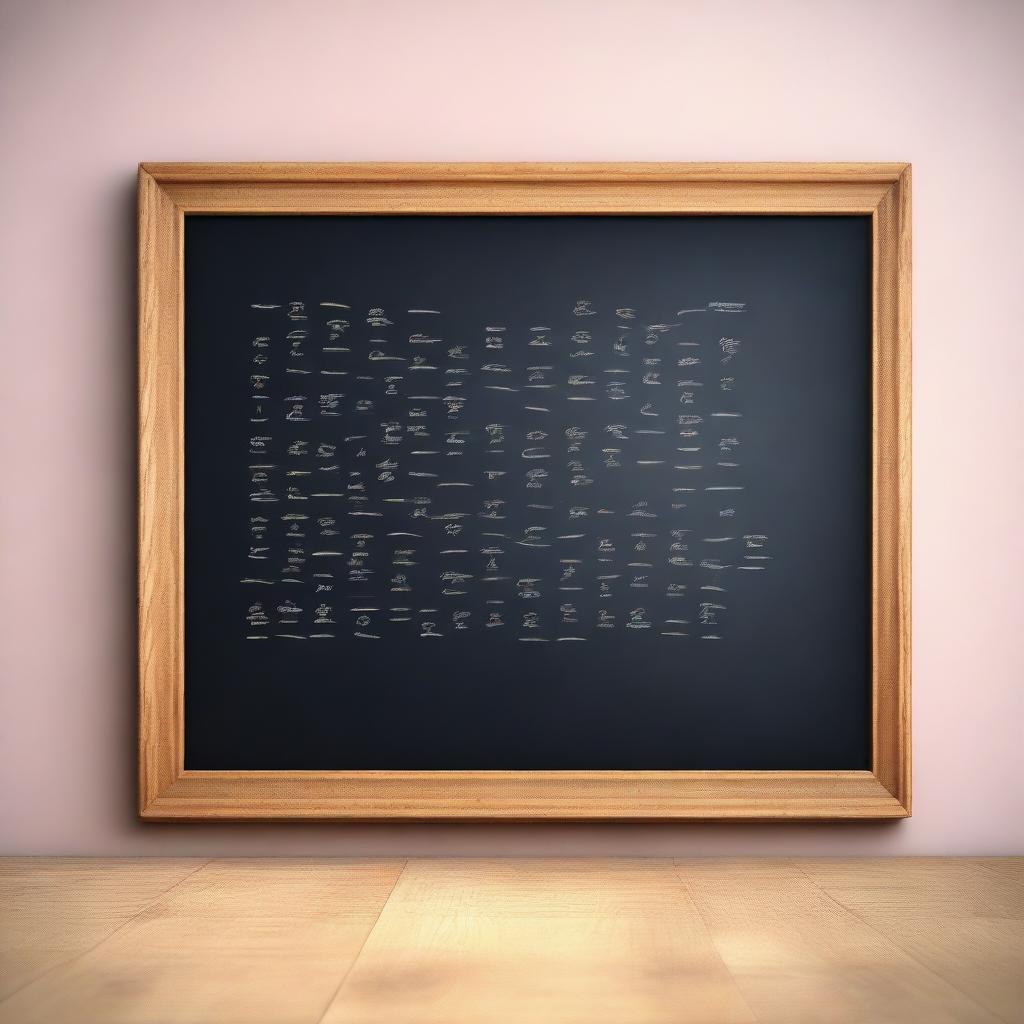 This is a high-quality 3D digital rendering of a medium-sized wooden blackboard adorned with handwritten letters and numbers