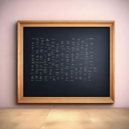 This is a high-quality 3D digital rendering of a medium-sized wooden blackboard adorned with handwritten letters and numbers