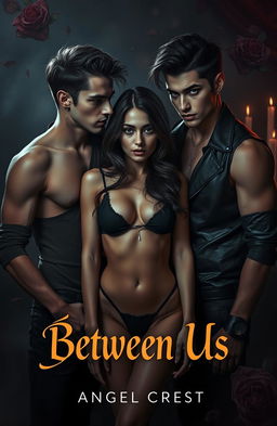 A darkly romantic and twisted scene depicting a love triangle between two handsome male twins and a beautiful woman