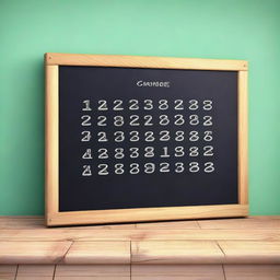 This is a high-quality 3D digital rendering of a medium-sized wooden blackboard adorned with handwritten letters and numbers