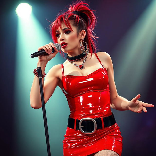 A full-length image of a beautiful 30-year-old woman resembling Mylene Farmer