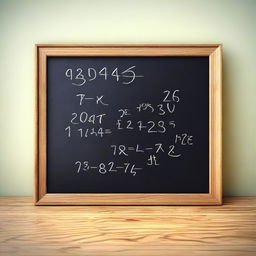 This is a high-quality 3D digital rendering of a medium-sized wooden blackboard adorned with handwritten letters and numbers