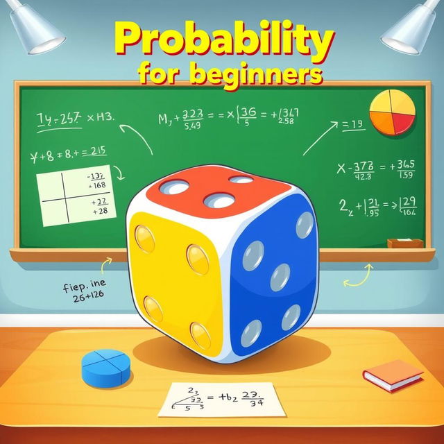 An illustration representing the concept of probability for beginners, featuring a large, colorful die with numbers showing, surrounded by mathematical symbols like fractions, percentages, and graphs