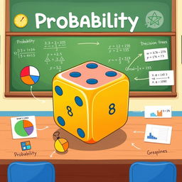 An illustration representing the concept of probability for beginners, featuring a large, colorful die with numbers showing, surrounded by mathematical symbols like fractions, percentages, and graphs