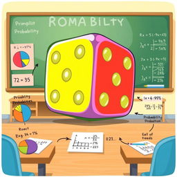 An illustration representing the concept of probability for beginners, featuring a large, colorful die with numbers showing, surrounded by mathematical symbols like fractions, percentages, and graphs
