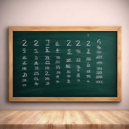 This is a high-quality 3D digital rendering of a medium-sized wooden blackboard adorned with handwritten letters and numbers