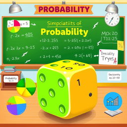 An illustration representing the concept of probability for beginners, featuring a large, colorful die with numbers showing, surrounded by mathematical symbols like fractions, percentages, and graphs