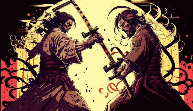 In a vivid digital art piece, Jesus and Satan are distinct samurai in a duel