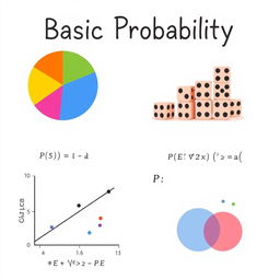 An educational illustration of basic probability concepts, featuring a pie chart showing different probability distributions, a set of stacked dice illustrating outcomes, and a scatter plot representing random events