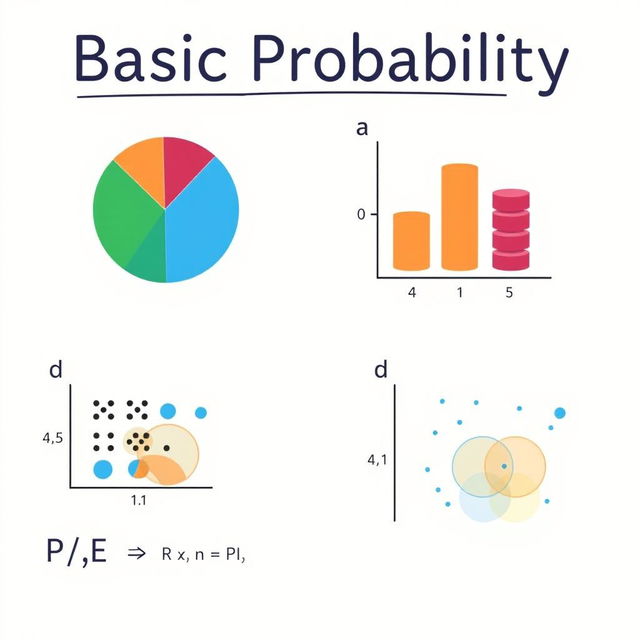 An educational illustration of basic probability concepts, featuring a pie chart showing different probability distributions, a set of stacked dice illustrating outcomes, and a scatter plot representing random events