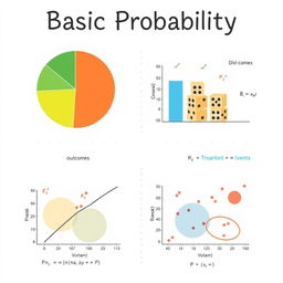 An educational illustration of basic probability concepts, featuring a pie chart showing different probability distributions, a set of stacked dice illustrating outcomes, and a scatter plot representing random events