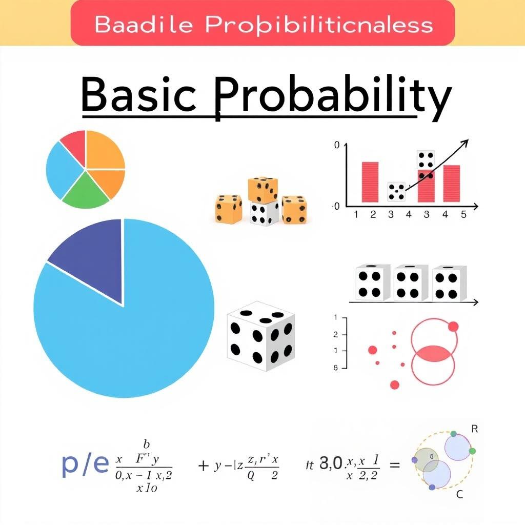 An educational illustration of basic probability concepts, featuring a pie chart showing different probability distributions, a set of stacked dice illustrating outcomes, and a scatter plot representing random events