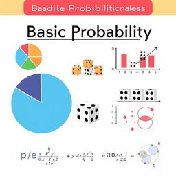 An educational illustration of basic probability concepts, featuring a pie chart showing different probability distributions, a set of stacked dice illustrating outcomes, and a scatter plot representing random events