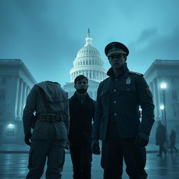 A dramatic scene depicting a ghost story involving a mysterious couple of soldiers created by a malevolent partnership reminiscent of Hydra and KGB