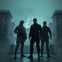 A dramatic scene depicting a ghost story involving a mysterious couple of soldiers created by a malevolent partnership reminiscent of Hydra and KGB