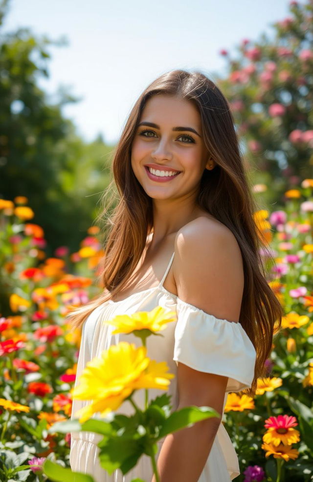 A beautiful and confident young woman standing in a sunlit garden, surrounded by vibrant flowers in full bloom