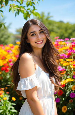 A beautiful and confident young woman standing in a sunlit garden, surrounded by vibrant flowers in full bloom