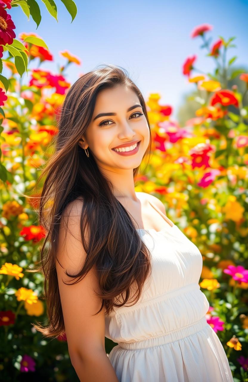 A beautiful and confident young woman standing in a sunlit garden, surrounded by vibrant flowers in full bloom