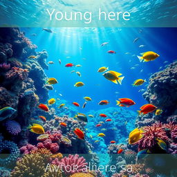 A vibrant and colorful underwater scene showcasing a coral reef, teeming with tropical fish of various species