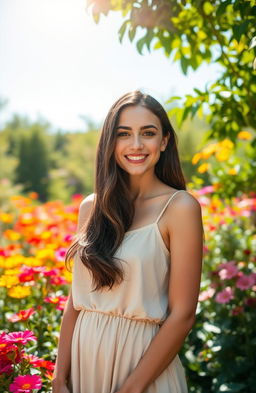A beautiful and confident young woman standing in a sunlit garden, surrounded by vibrant flowers in full bloom
