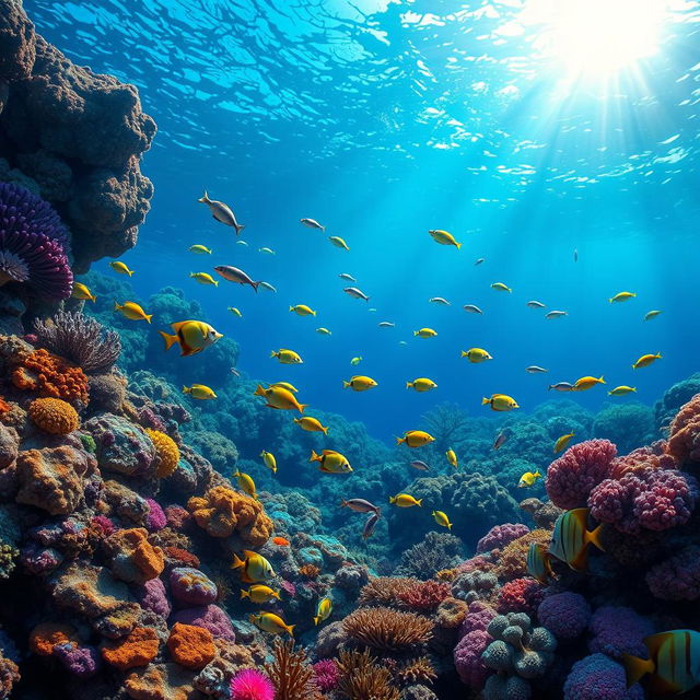 A vibrant and colorful underwater scene showcasing a coral reef, teeming with tropical fish of various species