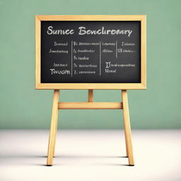 This is a high-quality 3D digital rendering of a medium-sized wooden blackboard on a stand, adorned with handwritten letters and numbers