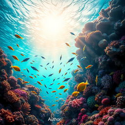 A vibrant and colorful underwater scene showcasing a coral reef, teeming with tropical fish of various species