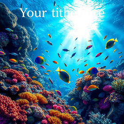 A vibrant and colorful underwater scene showcasing a coral reef, teeming with tropical fish of various species