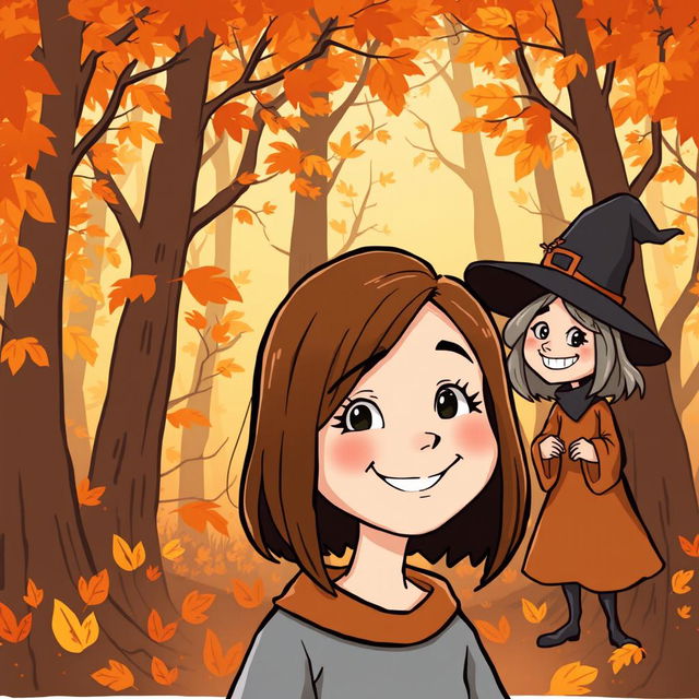 A cartoon-style illustration featuring a girl with shoulder-length hair in the center of the image, smiling cheerfully