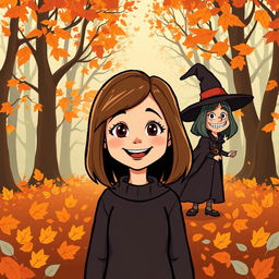 A cartoon-style illustration featuring a girl with shoulder-length hair in the center of the image, smiling cheerfully