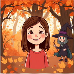 A cartoon-style illustration featuring a girl with shoulder-length hair in the center of the image, smiling cheerfully