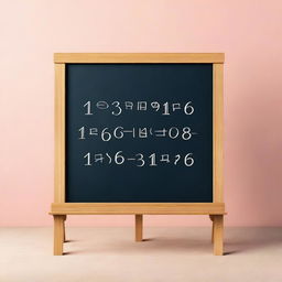 This is a high-quality 3D digital rendering of a medium-sized wooden blackboard on a stand, adorned with handwritten letters and numbers