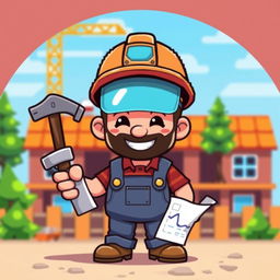 A retro 32-bit style character, depicted as a builder, wearing a classic hard hat and denim overalls