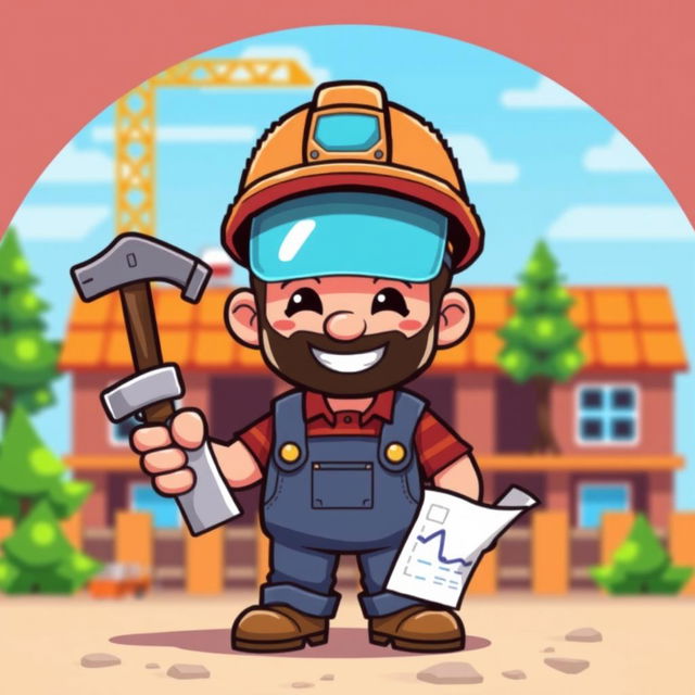 A retro 32-bit style character, depicted as a builder, wearing a classic hard hat and denim overalls