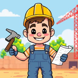 A retro 32-bit style character, depicted as a builder, wearing a classic hard hat and denim overalls