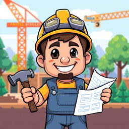 A retro 32-bit style character, depicted as a builder, wearing a classic hard hat and denim overalls