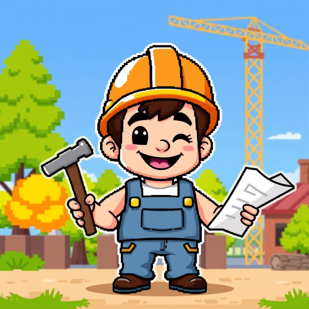 A retro 32-bit style character, depicted as a builder, wearing a classic hard hat and denim overalls