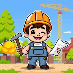 A retro 32-bit style character, depicted as a builder, wearing a classic hard hat and denim overalls