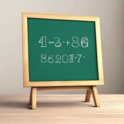 This is a high-quality 3D digital rendering of a medium-sized wooden blackboard on a stand, adorned with handwritten letters and numbers