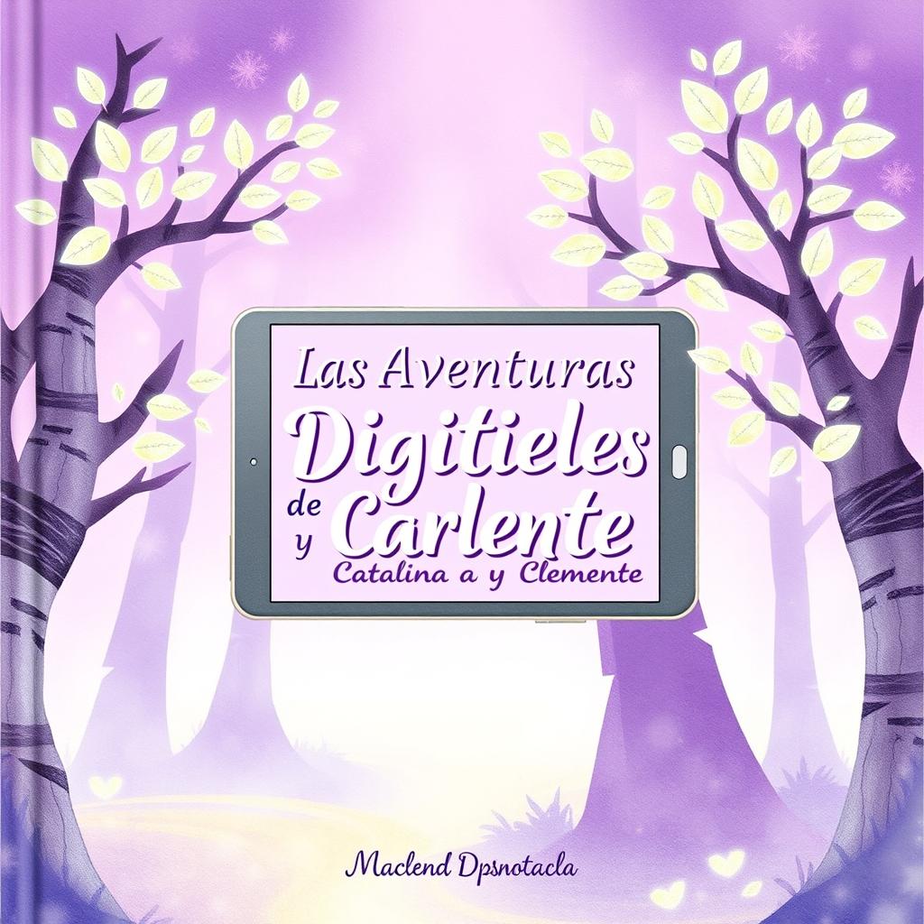 A book cover designed for a children's book with pastel purple color tones, featuring a magical style