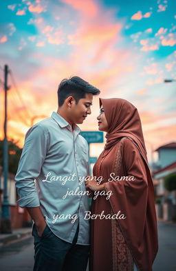 A romantic scene depicting a couple from different religious backgrounds, standing on a picturesque street under a beautiful sky filled with vibrant colors
