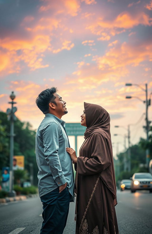 A romantic scene depicting a couple from different religious backgrounds, standing on a picturesque street under a beautiful sky filled with vibrant colors